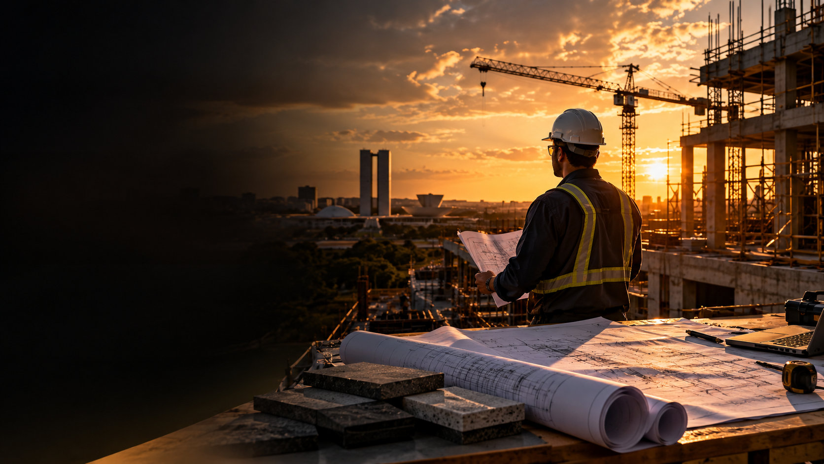 Canteiro de obras ao entardecer, com profissional analisando projetos, estrutura em construção e grua.
